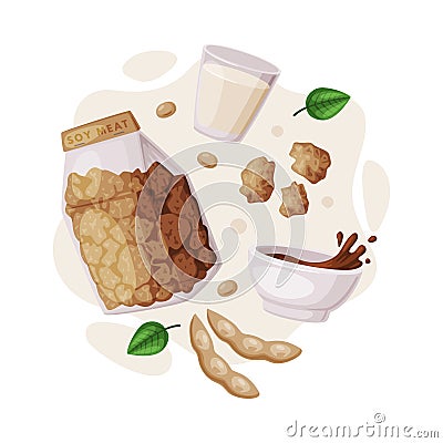 Natural Soy Product from Soybean Plant with Dry Meat and Sauce Vector Composition Vector Illustration
