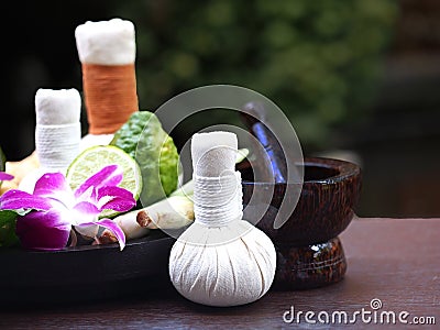 Natural Spa Ingredients herbal compress ball and herbal Ingredients Stock Photo