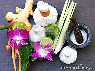 Natural Spa Ingredients herbal compress ball and herbal Ingredients Stock Photo