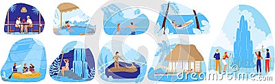 Natural spa resorts vector illustration set, cartoon flat hot springs collection with people tourists enjoy nature spa Vector Illustration