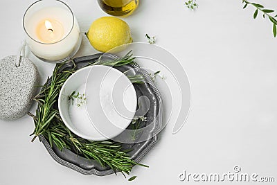 Natural spa skincare with organic salt and herbs, lemon, olive o Stock Photo