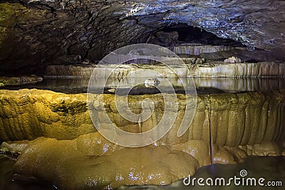 Natural speleothem, cascades of lakes and waterfalls in Nizhneshakuranskaya cave Stock Photo