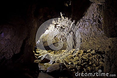 Natural speleothem, cascades of lakes and waterfalls in Nizhneshakuranskaya cave Stock Photo