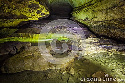 Natural speleothem, cascades of lakes and waterfalls in Nizhneshakuranskaya cave Stock Photo
