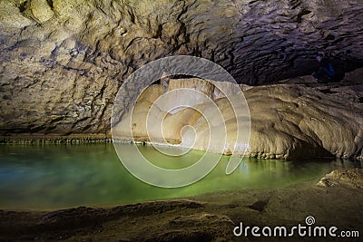 Natural speleothem, cascades of lakes and waterfalls in Nizhneshakuranskaya cave Stock Photo