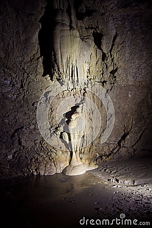 Natural speleothem stalactites and stalagmites in Nizhneshakuranskaya cave Stock Photo