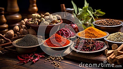 Natural spices and herbs on a wooden table, studio shot Stock Photo