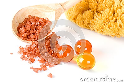 Natural sponge, bath salt and oil balls Stock Photo