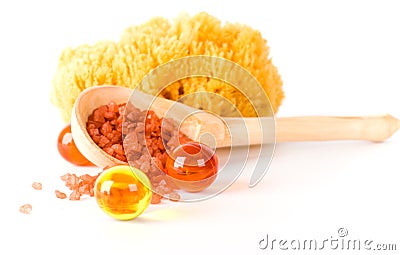 Natural sponge, bath salt and oil balls Stock Photo