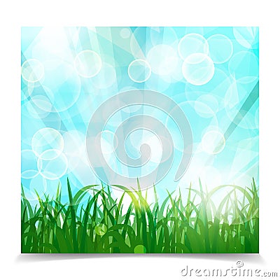 Natural spring green Background With Green Grass, sun rays And b Vector Illustration