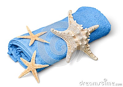 Natural starfishes placed on rolled towel on Stock Photo
