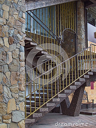 Natural, stone, mountain, sandstone, masonry, stairs, decoration, metal, forging, stone, railing, Stock Photo