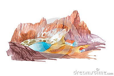 Natural summer beautiful mountain landscape watercolor illustration Cartoon Illustration