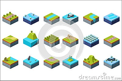 Natural summer and winter landscape set, design elements for computers game interface vector Illustrations on a white Vector Illustration