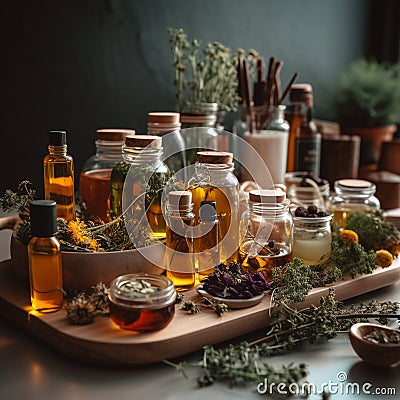 natural supplements and remedies, herbal teas and essential oils Stock Photo