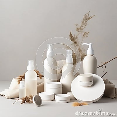 Natural Surroundings Skincare Product Set: Unlabeled and Logo-free. Marketing Mockup Generative AI Stock Photo
