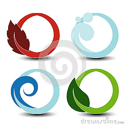 Natural symbols - fire, air, water, earth - nature circular elements with flame, bubble air, wave water and leaf Vector Illustration