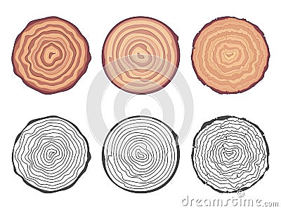 Natural tree rings background saw cut tree trunk decorative design elements set vector illustration Vector Illustration