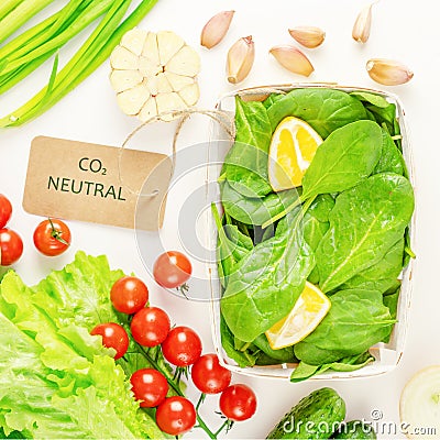 Natural vegetables with label with inscription carbon neutral Stock Photo