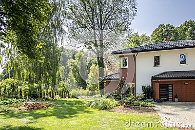 Natural view of trees and garden of modern house Stock Photo