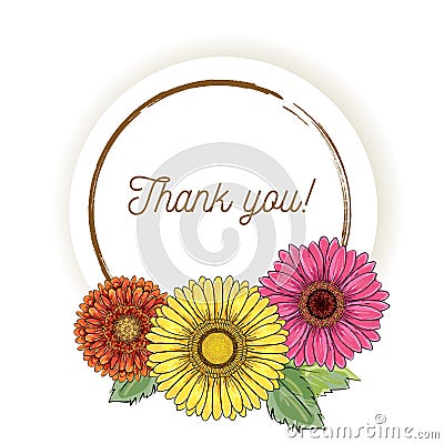 Natural vintage greeting card with inscription of words Thank you with yellow, orange, pink magenta gerbera flowers. Vector hand Cartoon Illustration