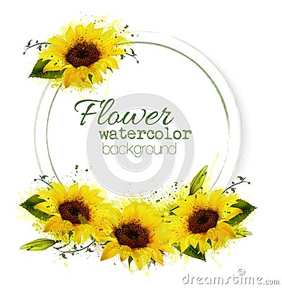 Natural vintage greeting card with watercolor sunflowers. Vector Illustration