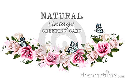 Natural vintage greeting frame with roses. Vector Illustration