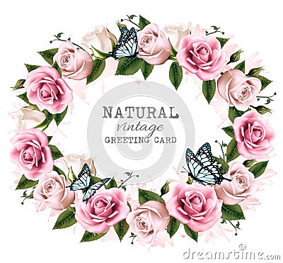 Natural vintage greeting frame with roses. Vector Illustration