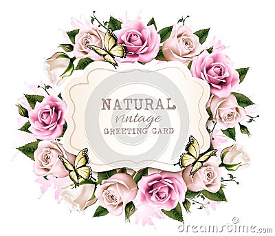 Natural vintage greeting frame with roses. Vector Illustration