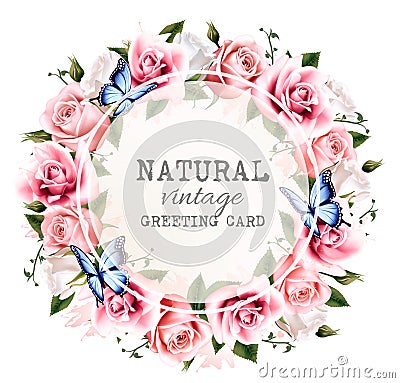 Natural vintage greeting frame with roses. Vector Illustration