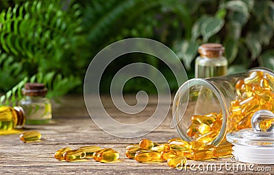 Natural vitamins and supplements. Herbal medicine pills. Stock Photo