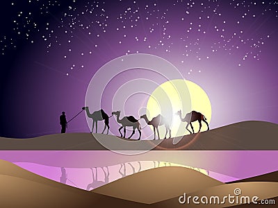 A natural wallpaper with man, camel and sun Vector Illustration