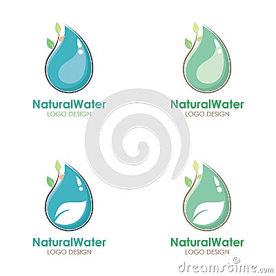 Natural Water logo design with water drop and leaf illustration Cartoon Illustration