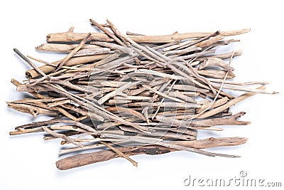 Weathered driftwood sticks heap isolated on white background. Stock Photo