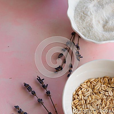 Natural wellness beauty ingredients on pink background. Health care spa therapy Stock Photo