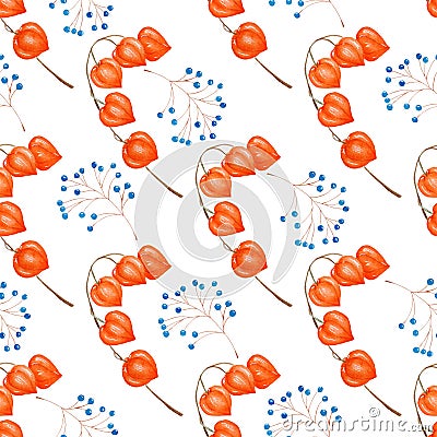 Natural wild berries seamless watercolor raster pattern Cartoon Illustration