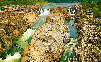 Natural wonder - Aerial image of Dhuadhar Water Falls on Narmada river in Bhedaghat, Jabalpur, Madhyapradesh, India Stock Photo