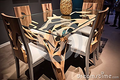 natural wood dining room set with glass tabletop and metal accents Stock Photo