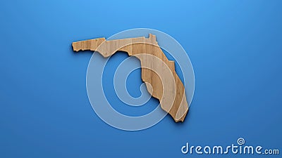 Natural Wooden Florida Map Logo - A Carved Wood Silhouette of Florida State on a Crisp Blue Background Evoking Rustic Cartoon Illustration