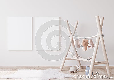 Mock up frame in bright child room with Natural wooden furniture for kids room in Scandinavian interior style Stock Photo