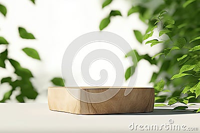 Natural Wooden Product Display Podium with Blurred Leafy Background - 3D Rendering. created with Generative AI Stock Photo