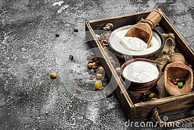 Natural yogurt with a scoop in a bowl. Stock Photo