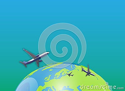 Naturalistic view of an airplane flying in the sky above planet Earth. Vector Illustration. Vector Illustration