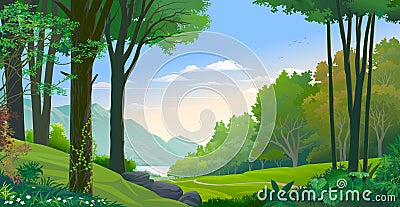 Creeper creeping along a tree trunk. Forest and a view of the river and mountains. Vector Illustration