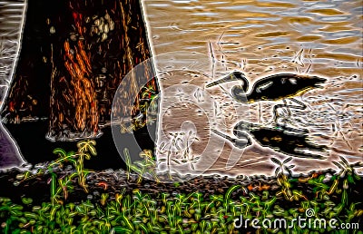 Textured Abstract Heron in the Swamp Stock Photo