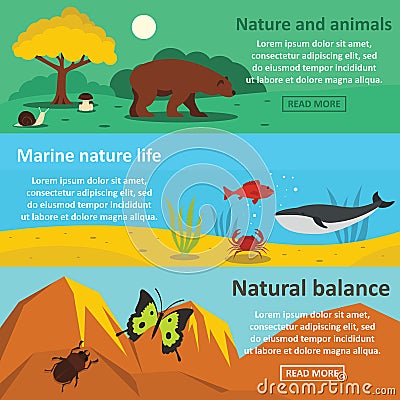 Nature animals banner horizontal set, flat style Vector Illustration