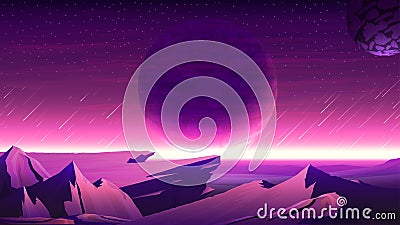 Nature on another planet with a huge planet on the horizon. Mars purple space landscape with large planets on purple starry sky. Vector Illustration