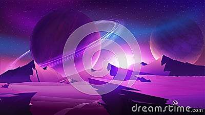 Nature on another planet with a huge planets and large mountains on horizon. Mars purple space landscape with large planets Vector Illustration