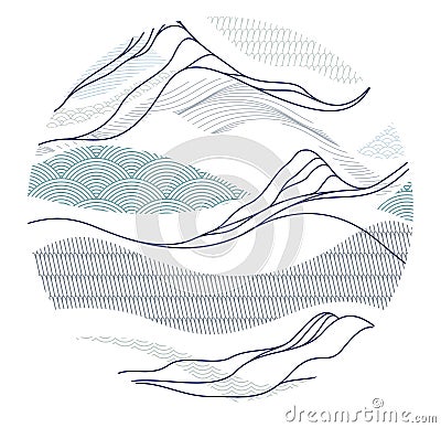 Nature art oriental Japanese style vector abstract background in a shape of circle, runny like water shapes and lines with Stock Photo