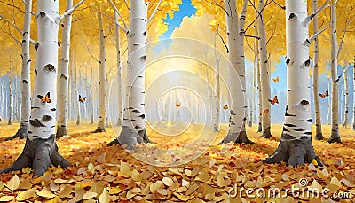 Nature artist autum sunset golden leaves white bark cottonwood aspen Cartoon Illustration